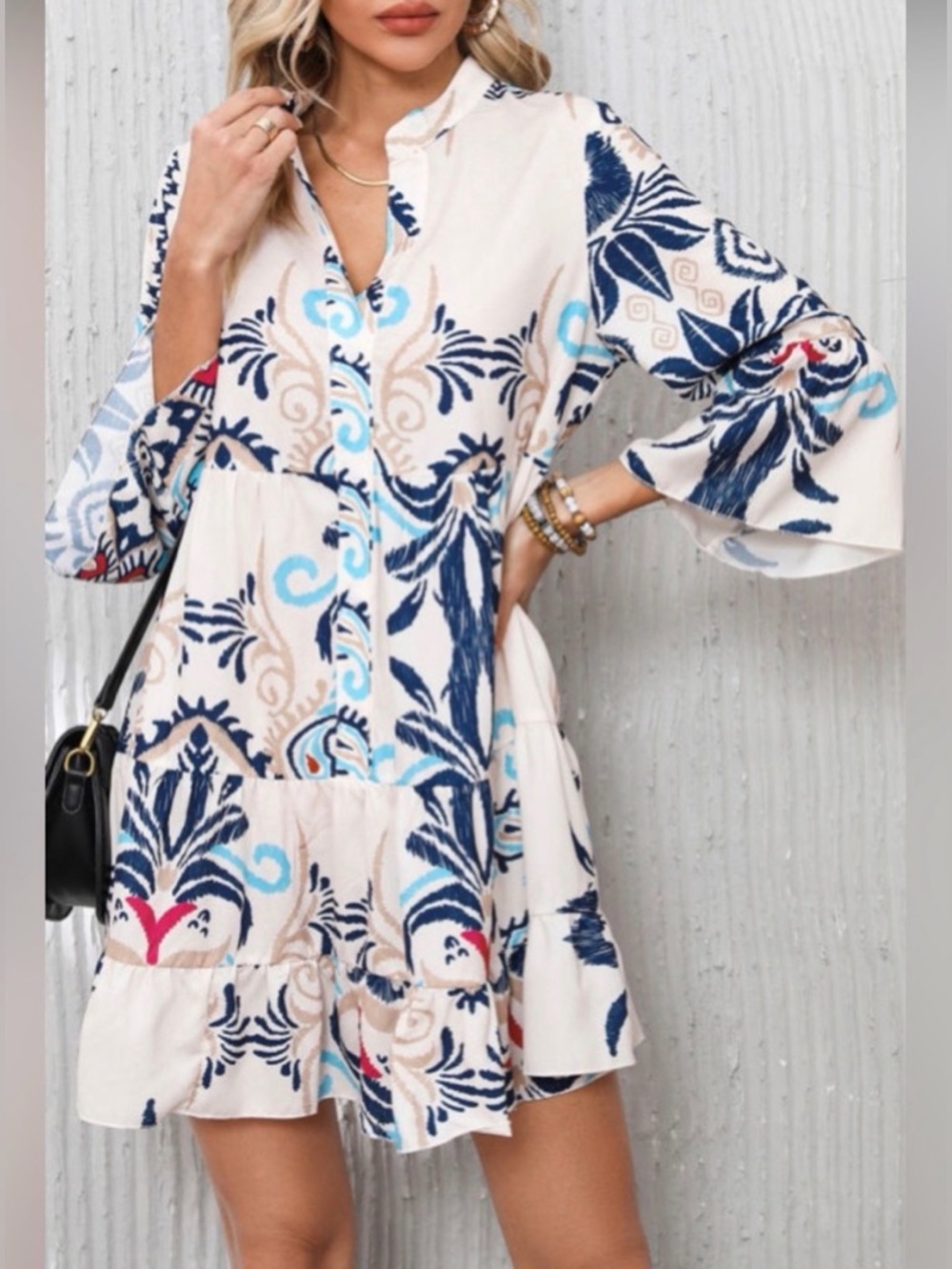 Boho Tribal Print Tiered Flare Festival Mini Dress NWOT